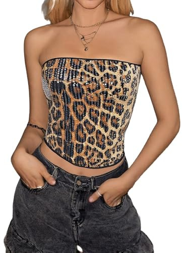 OhMill Top Tube Leopardo per le Donne Crop Top Senza Maniche Sexy Canotta Senza Maniche Sexy Paillettes Fascia Tubo Y2K Senza Spalline Estate per Festa Notte Club Appuntamenti Raves, Leopardo Marrone