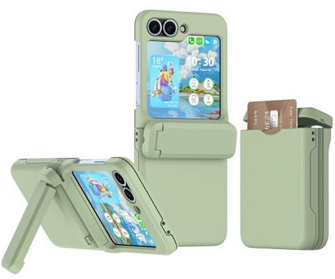 WATACHE for Samsung Galaxy Z Flip 6 Case with Kickstand Card Holder Hinge Protection Flip Phone Case Protective Cover for Galaxy Z Flip 6 2024 5G - Light Green
