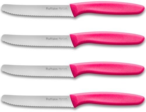 Ruffulon Tafelmesser,4-tlg Edelstahl Tomatenmesser,Jausenmesser Set,11cm | Pink Griffe,Klinge aus Rostfreier Stahl,Frühstücksmesser mit Wellenschliff,Messerset für Haus&Restaurant,Spülmaschinenfest
