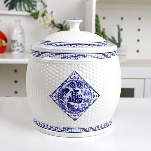 Distributeur De Grains, Contenant De Stockage De Riz De 15 Kg, Contenant De Riz Rétro, Jarre De Stockage Alimentaire, Seau À Riz En Céramique Chinois, Cylindre À Riz En Céramique Avec Couvercle,(B,5kg