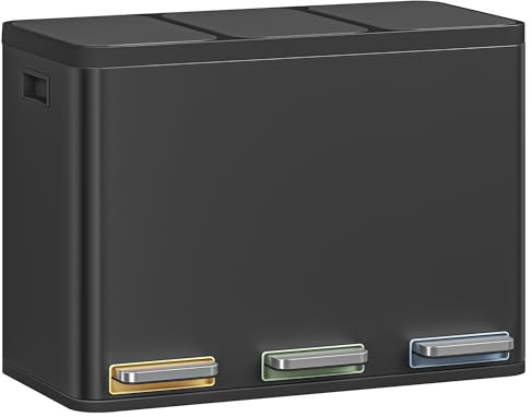 Hzuaneri Cestino da Cucina, Pattumiera Differenziata 3 Scomparti, 3 x 15L, Pedali e Secchi Interni, per Cucina, Nero SW04599B