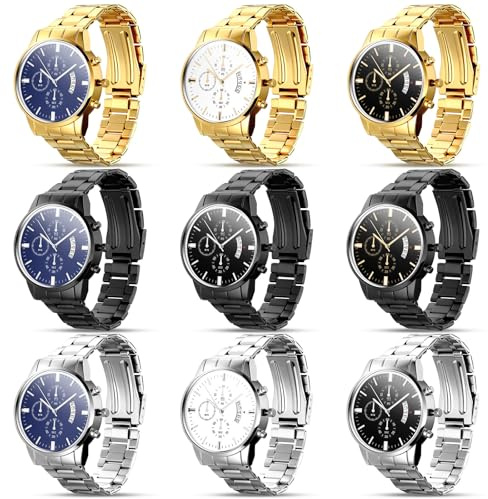 Outus Men's Watches Set Watch Gift for Men Stainless Steel Band Quartz Wristwatches Gifts for Men Wedding Father's Day(Stylish,9 Pcs)