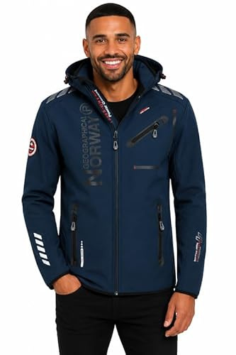 Geographical Norway Chaqueta Softshell Hombre Royaudb Dsitribrands Production Impermeable Cortaviento con Capucha para Exterior Rutas Senderismo Esquí Invierno Otoño Primavera (Marino Negro XXL)
