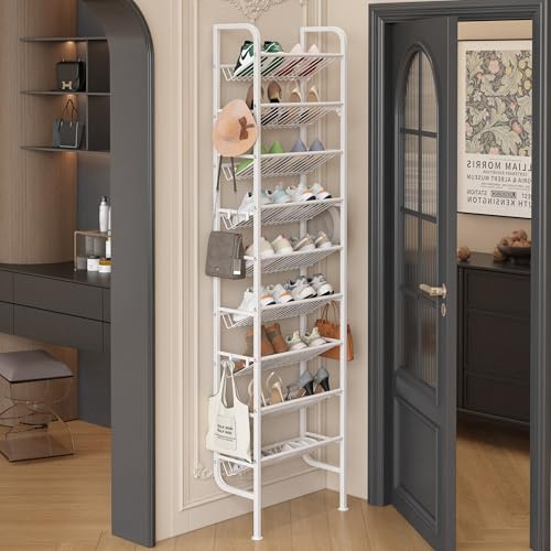 Ornestia Étagère à Chaussures pour Porte, 9 Niveaux Métallique DerrièRe Porte, ModèLe Ouvert avec 12 Crochets - Garde-Manger, Couloir, Salon (Blanc, 45,4 x 20 x 175 cm)