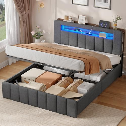 AOGLLATI Polsterbett 140x200 mit Stauraum | Hydraulisches Bett mit LED-Bleuchtung & Ladestation Jugendbett mit Kopfteil aus Leinen-Ohne Matratze (Grau Leinen, 140x200cm)