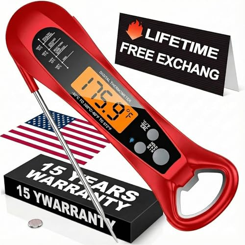 Therm Pro® Chef Meat Thermometer Digital, 1 Sec Instant Read, NIST® Certified Accurate to ±0.5℉, Ultra Bright LED Screen, IP67, Auto-Rotate, for BBQ, Turkey, Candy, Liquids Valentine's gift Cherry Red