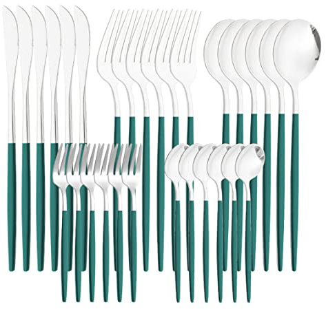 Ensemble de couverts en acier inoxydable 30 pièces, ensemble d'ustensiles de table pour la cuisine et les repas en argenterie vert foncé