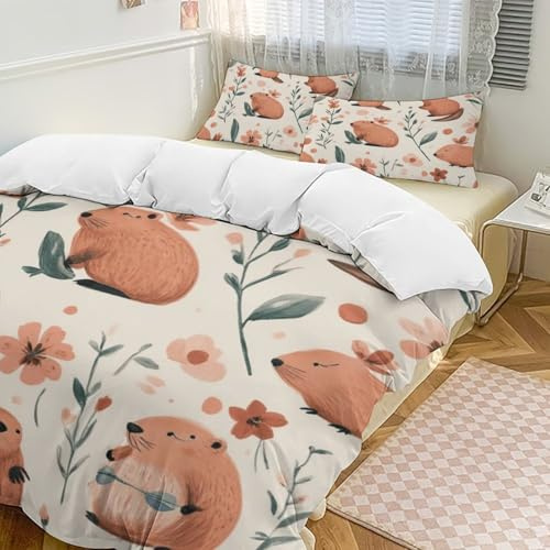 bladesgsd Cute Beavers Floral Bedding Duvet Cover Set Twin Size, 3-Piece Microfiber Quilt Cover for Kids, Soft Breathable Comforter Cover with Zipper 86x70