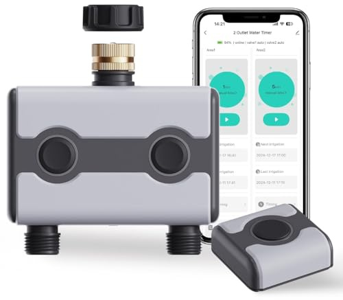 Aqualin WiFi Water Timer 2-Zonen – ‌Automatischer‌ Smart Bewässerungstimer mit Hub, Alexa & Google Kompatibel, APP Control, Wireless Remote, ‌Energiesparend