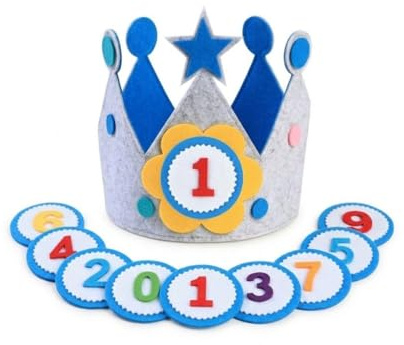 Corona de cumpleaños de algodón hecha a mano para bebé y niño pequeño Tejido de muselina de algodón suave, ajustable, con números intercambiables (0-9)Diseño reversible para fotos de cumpleaños