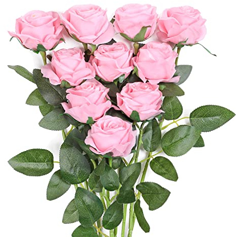 JUSTOYOU Artificial Rose Silk Flowers Bouquet Home Office Wedding Arrangements Light Pink (10 PCS)