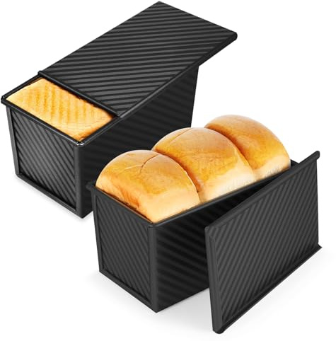 Flexzion Pullman Kastenform mit Deckel, Brotbackform für hausgemachtes Brot, 0.5 kg, Teigkapazität, schwarze gewellte quadratische Brotform, Kuchen, Toastform, Pullman-Brotpfanne mit Deckel (2 Stück)