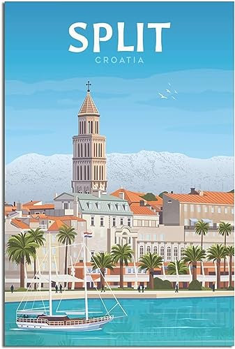 Dekorative Gemälde Kroatien Split Kirche Boot Vintage Reise Poster Wandgemälde Zimmer Dekor Kunst Wandgemälde Leinwand Ungerahmt 30x45cm