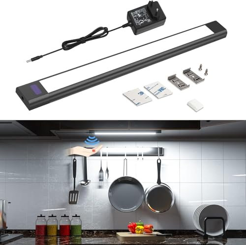 WOBANE Luz Led Cocina Bajo Mueble Negro, 30 cm Regulable Barra Luz Armario con Sensor sin Contacto, Luces Cocina Debajo Mueble Enchufable, Luz Led Adhesiva para Encimera Cocina, Blanco Frío 6000K