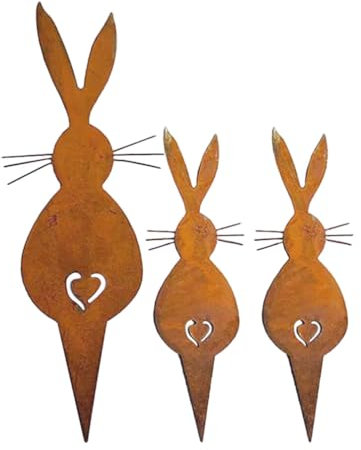Baluue 3pcs Rabbit Garden Stake Metal Easter Bunny Garden Rusty Animal Stake Yard Art Decoration for Spring Outdoor Lawn