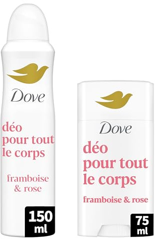 Lot de 2 Déodorants pour Tout le Corps - Framboise & Rose - Anti Odeurs et Traces Blanches - Conçu pour les Peaux Sensibles - 1 Spray 150ml & 1 Stick 75ml