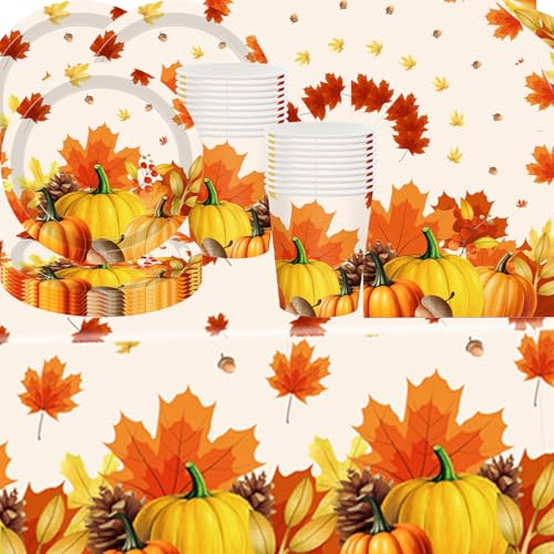 Vaisselle sur le thème de Thanksgiving, thème de la citrouille d'automne, feuille d'érable, kit de fête d'anniversaire d'enfant comprend des assiettes en carton, des gobelets en carton, des serviettes