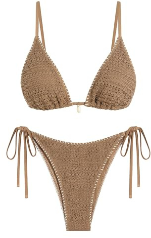 ZAFUL Women's Triangle Bikini Set Crochet String Cheeky Swimsuit Sexy Halter Lace 2 Piece Bathing Suits Coffee