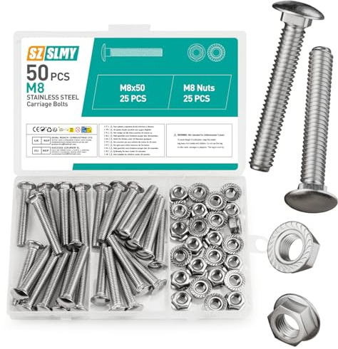 50 Stück Schlossschrauben M8 x 50mm, Edelstahl Torbandschrauben mit Sechskant Flanschmuttern, Flachrundkopfschrauben mit Vierkantansatz, Flachrundkopf Schloßschrauben mit Muttern Set(M8)