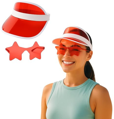 FNA FASHIONS Unisex 80s Retro Sun Visor Hat & Star Shaped Rimless Sunglasses Set – Vibrant Fancy Dress Accessory for Men & Women – Party, Festival, Rave, Beach, Themed Events (Red, One Size)