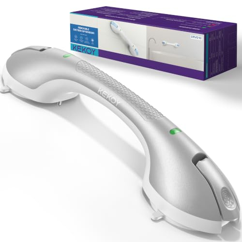 KEKOY Haltegriff mit Saugnapf & Indikator, Haltegriff Dusche ohne Bohren | 44 cm Haltegriffe für Senioren, Max Halt Duschgriff mit Saugnapf für Badezimmer & Badewannen, entfernbar, 1er Feinsilber