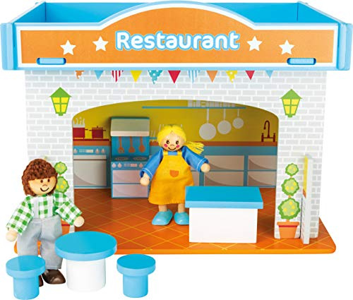 small foot 10852 Spielhaus Restaurant aus Holz, mit 2 Puppenfiguren, Zubehör und abnehmbarem Dach, ab 3 Jahren