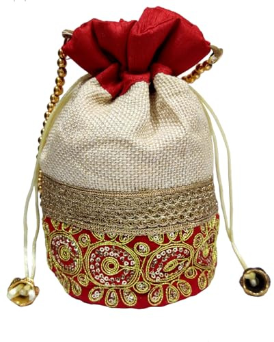 Purpledip Samt-Potli-Tasche (Clutch, Kordelzugbeutel, Abendhandtasche) für Frauen mit schwerer Goldstickerei und bunten Quasten, schwarz (11479)