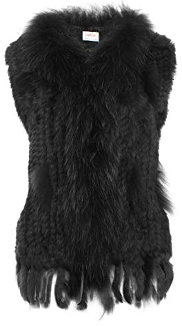 HEIZZI 100% Kaninchen Pelz Weste Mit Waschbär Halsband Gestrickte elegante weiche