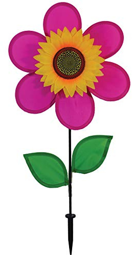 In the Breeze 2705 — 12-inch Pink Sunflower Wind Spinner with Leaves — Colorful Flower for Yard and Garden