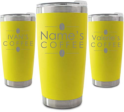 Personalised Engraved 500ml Yellow Travel Cup with Name's Coffee Design, Personalise with Any Name