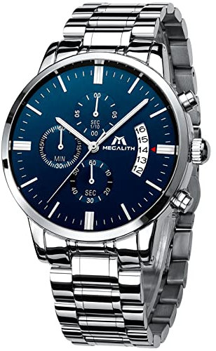MEGALITH Herrenuhr Edelstahl Silber Chronographen Herren Armbanduhr Wasserdicht Analog Uhren fur Männer Großes Ziffernblatt Leuchtende Datum - Silber Blau