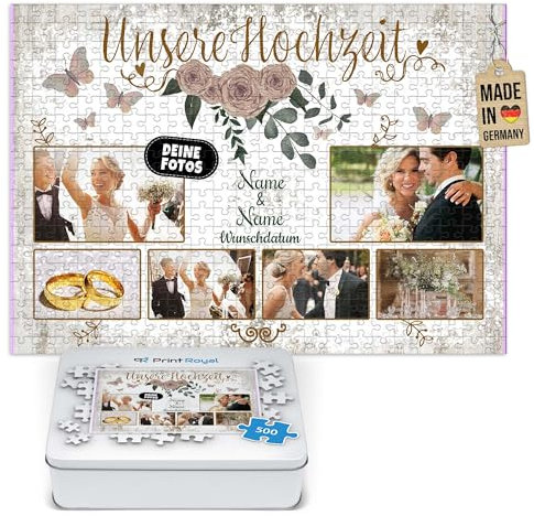 Foto-Puzzle selbst gestalten - Unsere Hochzeit - mit Namen, Datum und 6 Fotos personalisierbar, Hochzeitsgeschenke | personalisiertes Geschenk, 500 Teile, inkl. Metalldose