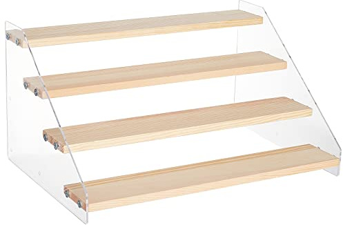 NBEADS 4-Step Acrylic Tiered Display Stand, Wood Display Stands Showing Stand Clear Display Shelf Perfume Model Stand with Dot Stickers for Crafts Showing Storage Display Collection, 30x21.4x15.8cm