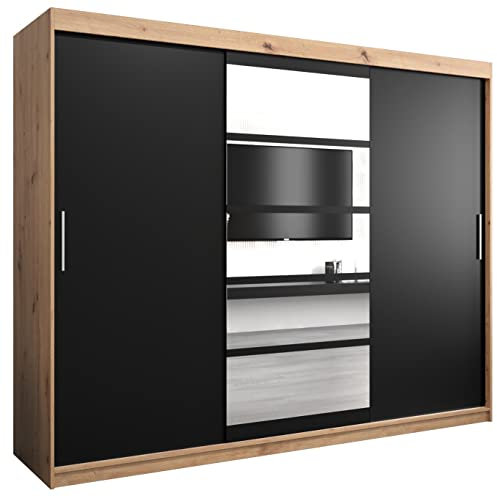 MEBLE KRYSPOL Roma 1 250 Schlafzimmerschrank mit DREI Schiebetüren, Spiegel, Kleiderstange und Regalen – 250x200x62cm - Artisan + Mattschwarz