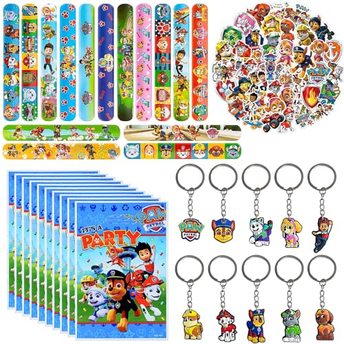 LGUZAKO 85pcs Party Bag Fillers for Kids, 15 Slap Bands 50 Stickers 10 Goodie Bags 10 Keychains Party Fvours for Birthday Christmas Crackers (party fillers favours1)