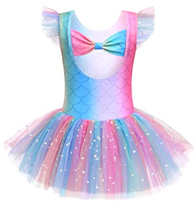 Arshiner Ballettkleidung Ballettkleid für Mädchen Balletttrikot Tanzrock Kinder Ballett Tutu Kleid Kleinkind Glänzende Rüschenärmel Tanzkleidung Meerjungfrau 150