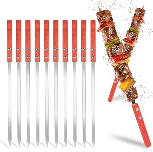 TIHOOK 10 STK Grillspieße Wiederverwendbar, 40cm Flache Grillspieße Edelstahl, Kebab Spieße mit Holzgriff, für Fleisch, Gemüse Fleischspieße Grillzubehö