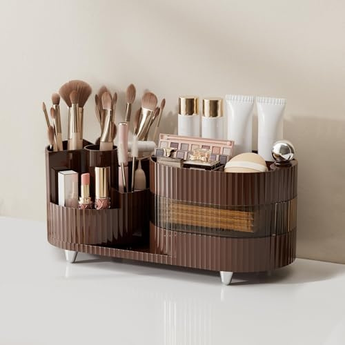 MUUKAIII 360° Drehbarer Organizer, Make Up Pinsel Organizer, Schmink Organizer, Kosmetikregal Kosmetik Organizers für Zimmer Decor Frisiertisch,Schlafzimmer,Badezimmer - Braun