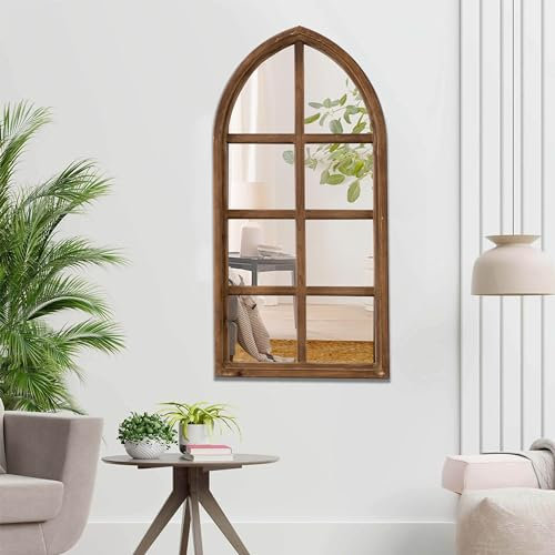 Sintosin Espejo de ventana estilo catedral de granja para decoración de pared, 45,7 x 91,4 cm, espejo de ventana arqueado de madera envejecida, espejo decorativo falso para sala de estar, dormitorio,