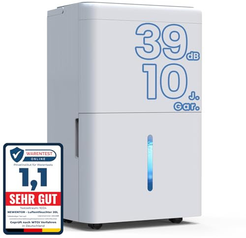 Newentor Luftentfeuchter Elektrisch 20L, Raumentfeuchter Elektrisch Leise 39dB, Entfeuchter Elektrisch Keller bis zu 150m³/50m², Mit 10 J. Gar., Ablaufschlauch, Abnehmbarem Filter, Timer