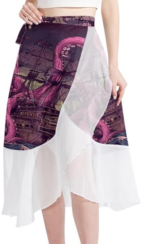 Beach Skirts for Women, Women Beach Sarong, Semi-Sheer Swimwear Cover Ups, Octopus Sailboat Nautical Painting Art