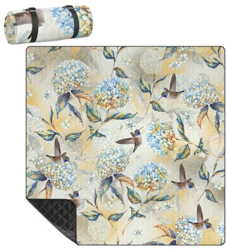 Mularoka Picknickdecke mit Blumen, Kolibri, wasserdicht, sanddicht, faltbar, Stranddecke, 200,7 x 200,7 cm, extra groß, tragbar, waschbar, Outdoor-Matte für Camping, Park, Gras, Wandern, Reisen