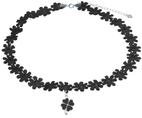 MICMIF Silber 925 Halskette Damen Choker Kleeblatt Anhänger mit Blumen Halsband Kette Verstellbarer Blumen Schwarz Kette für Frauen Teenager Mädchen