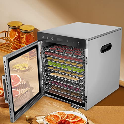 10 Edelstahlgitter Gemüse Trockner,Dörrautomaten freeze dryer gefriertrockner,Dörrgerät für Obst und Gemüse,800W Timer mit 24 Stunden Funktion und integrierter LED-Beleuchtung