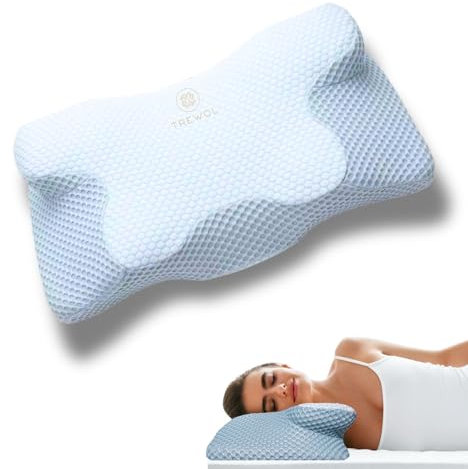 TREWOL - Almohada viscoelastica. Almohada cervicales y Cuello. Ergonómica - Espuma con Memoria de Doble Altura, Funda Lavable y Transpirable, para Dormir de Lado o Boca Arriba - 60x34x13/8 cm (Azul)