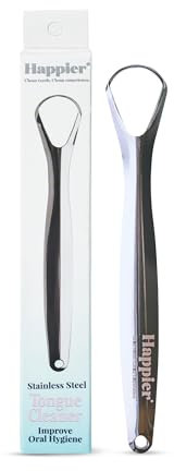 Happier Tongue Scraper - Stainless Steel Tongue Scrapers for Adults - Plastic Free Tongue Cleaner with Ergonimic Handle Restore Fresh Breath for Men and Women