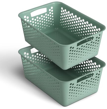 Pro Home 2 Stück Aufbewahrungskorb 10,0L mit Griffen - BPA-Frei - Organizer (37x26x17cm/Grün) - Körbchen für Bad Küche Schlafzimmer, Haushaltskorb