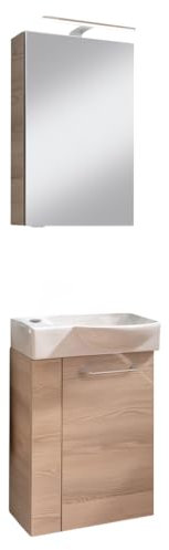 FACKELMANN SBC B.CLEVER Gäste WC Waschtisch Set mit Spiegelschrank 45 cm breit, Braun hell, Türanschlag rechts – Eleganz und Funktionalität für kleine Bäder