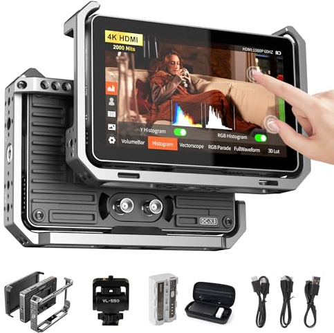 VILTROX DC-X3 2000 Nits SDI Kamera Field Monitor Kit mit Rig Cage, 4K HDMI 6 Touchscreen DSLR Kamera Video Monitor mit Sonnenschutz/Akku, 3D Lut 1920x1080 HD Full Waveform Focus Peaking Vector Scope