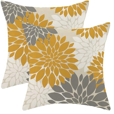CXMEIFLY Mustard Yellow Grey Pillow Covers 16x16 Inch Set of 2 White Dahlia Floral Decor Throw Pillows Summer Modern Geometry Flower Outdoor Decorative Cushion Cases for Sofa Couch Bed Decorations